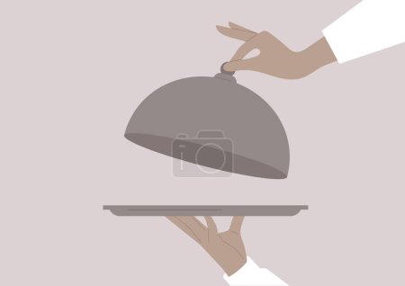 Illustration for Waiter hands holding a tray and a cloche - Royalty Free Image