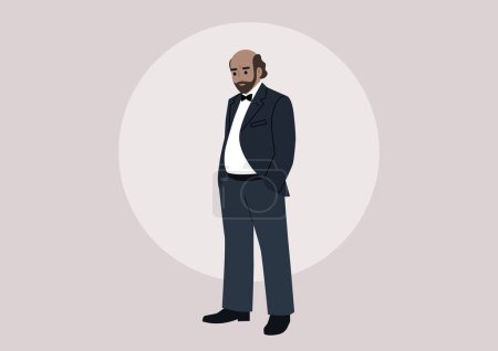 Illustration for A balding middle age man wearing a tuxedo and a bow tie, a university professor - Royalty Free Image