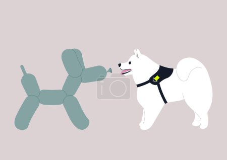 Téléchargez les illustrations : Un chien samoyed regardant le ballon sculpté comme une forme de caniche, syndrome de l'imposteur, l'amitié concéder - en licence libre de droit