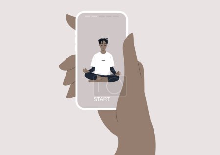 Eine Person, die ein Mobiltelefon benutzt, um auf eine mobile Yoga-Vinyasa-App zuzugreifen, die Schnittstelle zeigt verschiedene Optionen für Übungen, einschließlich geführte Meditation, Atemübungen und andere Aktivitäten
