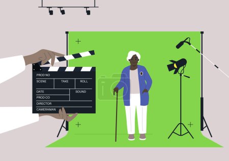 Ilustración de Un personaje africano mayor femenino de pie contra una pantalla de croma en un estudio de cine, producción de video - Imagen libre de derechos