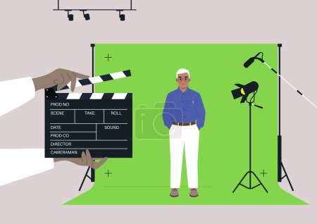 Ilustración de Un personaje caucásico mayor masculino de pie contra una pantalla clave de croma en un estudio de cine, producción de video - Imagen libre de derechos