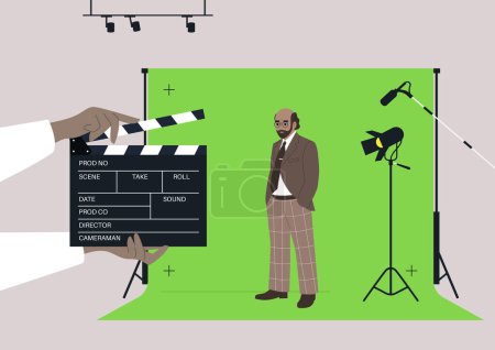 Ilustración de Un hombre caucásico personaje senior de pie contra una pantalla de croma clave en un estudio de cine, producción de vídeo - Imagen libre de derechos
