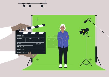 Ilustración de Un personaje caucásico mayor femenino de pie contra una pantalla clave de croma en un estudio de cine, producción de video - Imagen libre de derechos