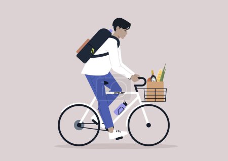 Ilustración de Joven personaje asiático masculino combinando ejercicio de ciclo y recados, equilibrando comestibles en una caja y abrazando la sostenibilidad - Imagen libre de derechos