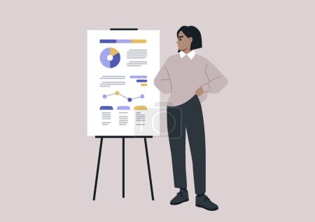 Illustration for A young female Caucasian character presents a research report printed on a flip chart, highlighting the data analysis and optimization - Royalty Free Image