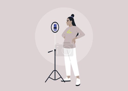 Illustration for A Gen Z blogger using their mobile phone and tripod to record a video - Royalty Free Image