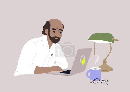 Illustration for A middle-aged male character working in a library, a green glass vintage lamp sitting on a desk - Royalty Free Image