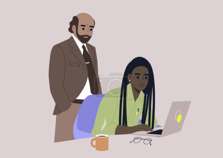 Illustration for A senior manager supervising an intern in the office - Royalty Free Image