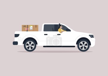 Illustration for A young driver of a pickup truck driving with one elbow hanging out of the window, a cardboard box in the trunk - Royalty Free Image