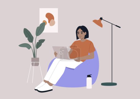 Illustration for A Hispanic hipster character sits on a bean bag while typing on their laptop in their home office - Royalty Free Image