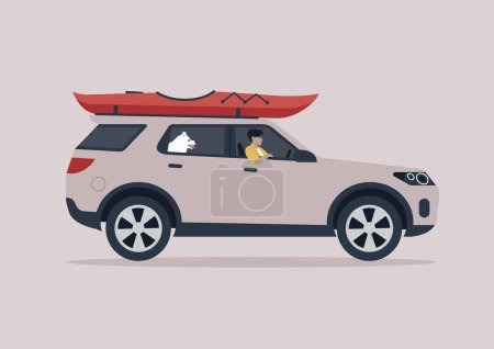 Illustration for A young character traveling with their dog, a kayak boat fixed to a roof rack of the car, road trip - Royalty Free Image
