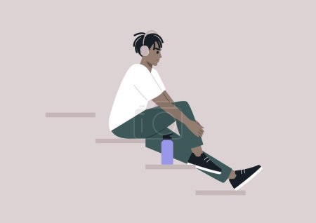 Young African character sitting on the stairs, lost in the music streaming through their earphones