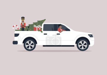 Téléchargez les illustrations : Un jeune conducteur dans une camionnette livrant des décorations de Noël - en licence libre de droit