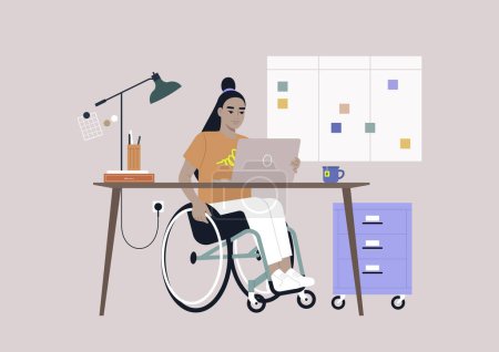 Eine junge Asiatin im Rollstuhl arbeitet an einem Schreibtisch im Büro