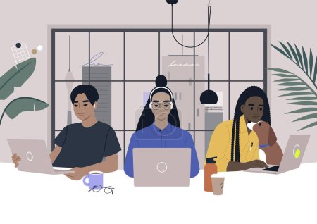 Illustration for International team of coworkers sharing a desk in the office, diverse millennials at work - Royalty Free Image