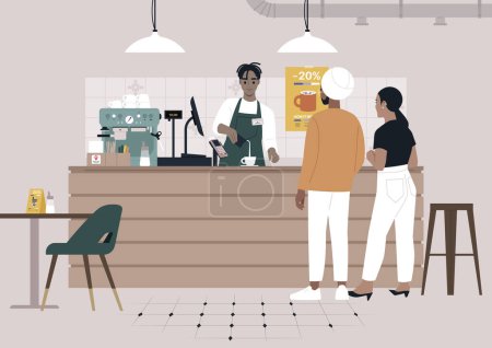Illustration for A young bartender serving coffee to a couple at the coffeeshop counter, morning rituals and modern lifestyle - Royalty Free Image