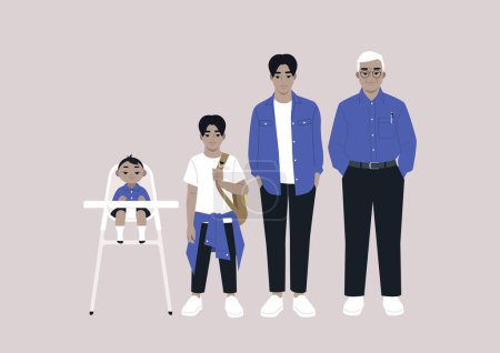 Ilustración de Una familia multigeneracional, un bebé, un niño preadolescente, un adulto joven, un personaje mayor reunido - Imagen libre de derechos
