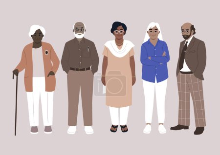 Illustration for A diverse group of senior adult friends gathered together, a full length portrait, a retirement age - Royalty Free Image
