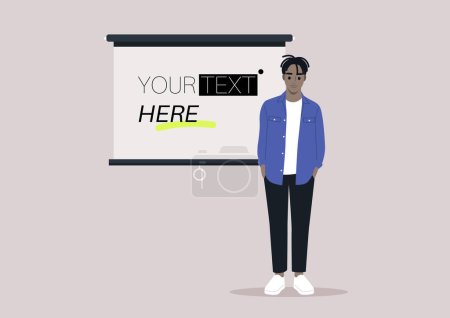Illustration for A young character standing next to a video projector screen, copy space, your text heredeo projector screen, copy space, your text here - Royalty Free Image