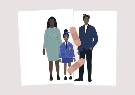 Illustration for A reverse divorce concept, a family photo torn in two pieces and glued together with an adhesive tape, a separation process, a couple therapy - Royalty Free Image