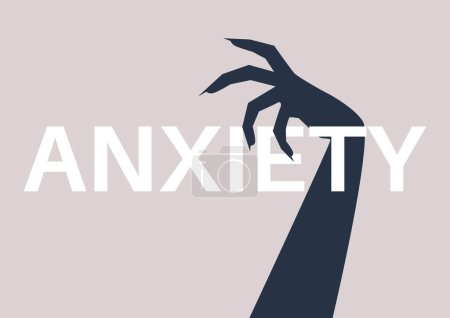 Concepto de ansiedad, una mano de monstruo con garras que llega a las letras