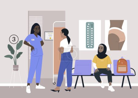 Illustration for A clinic hallway, a gynecologist cabinet waiting area, a young female patient wearing a hijab - Royalty Free Image