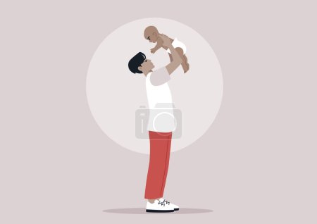 Illustration for A young playful Asian parent lifting their baby in the air, family bonding - Royalty Free Image