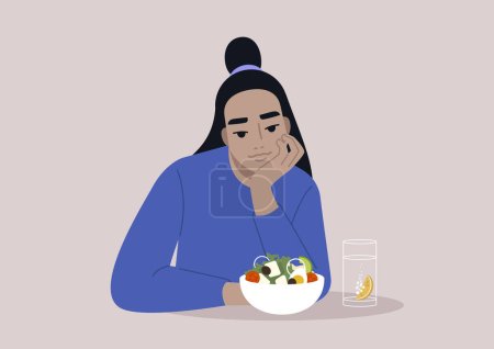 Un joven personaje asiático comiendo una ensalada vegana, concepto de descanso para el almuerzo