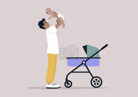 Illustration for A young playful Caucasian parent lifting their baby in the air, family bonding - Royalty Free Image