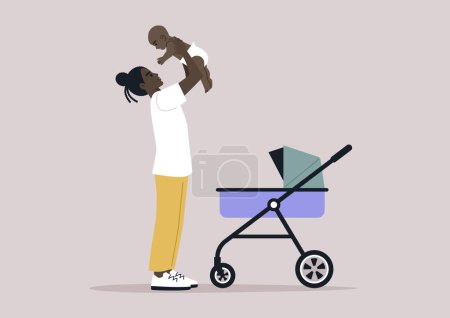 Illustration for A young playful African parent lifting their baby in the air, family bonding - Royalty Free Image