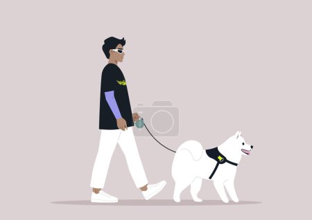 Téléchargez les illustrations : Un jeune personnage élégant marchant avec leur chien samoyed mignon - en licence libre de droit