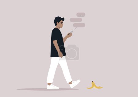 Illustration for Young male Caucasian character addicted to their smartphone ignoring a banana peel on their way - Royalty Free Image