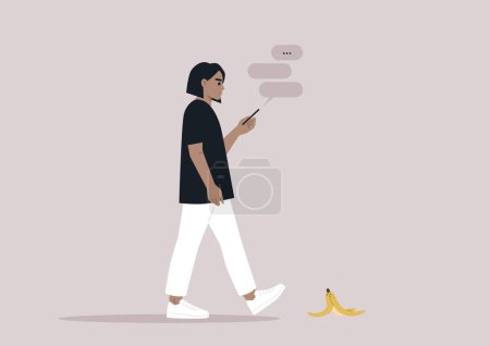 Illustration for Young female Caucasian character addicted to their smartphone ignoring a banana peel on their way - Royalty Free Image