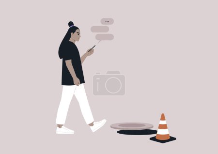 Ilustración de Una joven mujer asiática adicta a su smartphone ignorando una escotilla de canalización abierta en su camino - Imagen libre de derechos