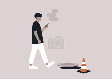 Ilustración de Un joven hombre asiático adicto a su teléfono inteligente ignorando una escotilla de canalización abierta en su camino - Imagen libre de derechos