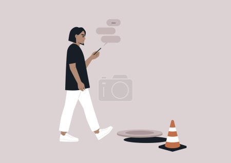 Ilustración de Una joven mujer caucásica adicta a su smartphone ignorando una escotilla de canalización abierta en su camino - Imagen libre de derechos