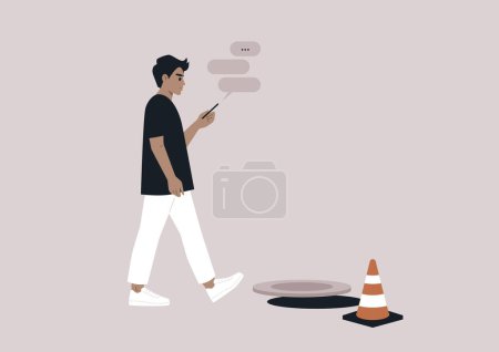 Ilustración de Un joven hombre caucásico adicto a su teléfono inteligente ignorando una escotilla de canalización abierta en su camino - Imagen libre de derechos