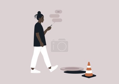 Ilustración de Una joven mujer africana adicta a su smartphone ignorando una escotilla de canalización abierta en su camino - Imagen libre de derechos