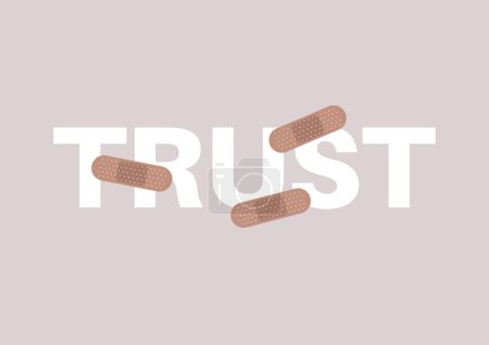 Ilustración de Confianza, un cartel cubierto de parches adhesivos, superación de traiciones y otras situaciones difíciles - Imagen libre de derechos