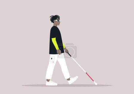 Illustration for Young African character using a white cane, a visually impaired person walking outdoor - Royalty Free Image