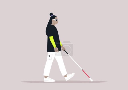 Illustration for Young character using a white cane, a visually impaired person walking outdoor - Royalty Free Image