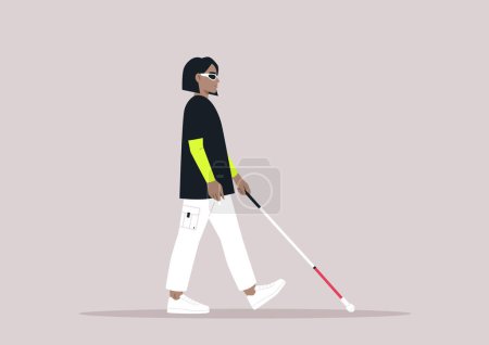 Illustration for Young caucasian character using a white cane, a visually impaired person walking outdoor - Royalty Free Image