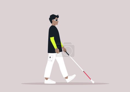 Illustration for Young caucasian character using a white cane, a visually impaired person walking outdoor - Royalty Free Image
