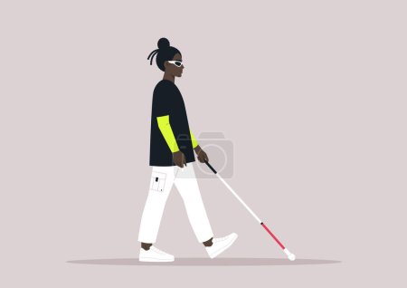Illustration for Young African character using a white cane, a visually impaired person walking outdoor - Royalty Free Image