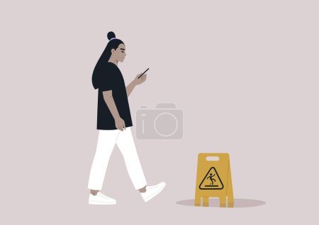 Illustration for Young Asian character distracted by their smartphone ignoring a yellow wet floor caution sign on their way - Royalty Free Image