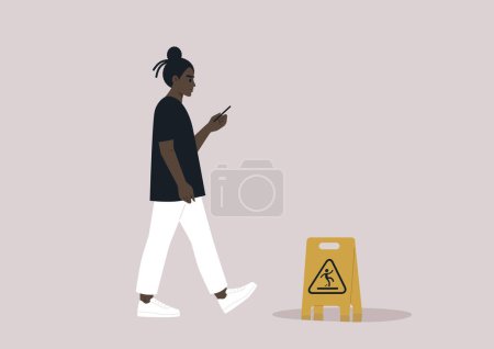 Illustration for Young African character distracted by their smartphone ignoring a yellow wet floor caution sign on their way - Royalty Free Image