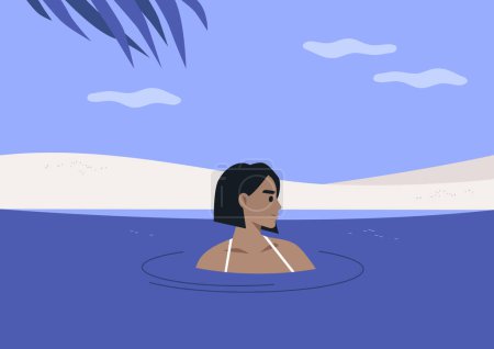Illustration for Young relaxed character swimming in the sea, holidays in a tropical climate, lifestyle - Royalty Free Image