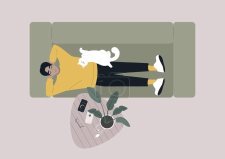 Illustration for Day napping, A top view of a young relaxed character lying down on the sofa in the living room - Royalty Free Image