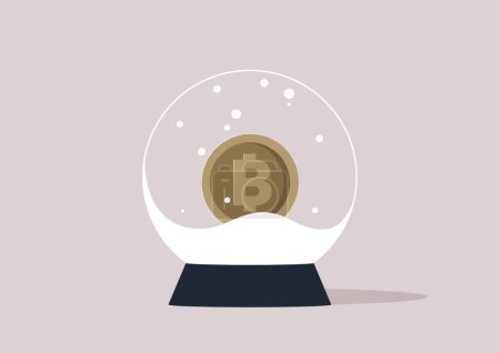 Ilustración de Una bola de cristal llena de nieve artificial, un bitcoin de metal en el interior, cripto invierno - Imagen libre de derechos